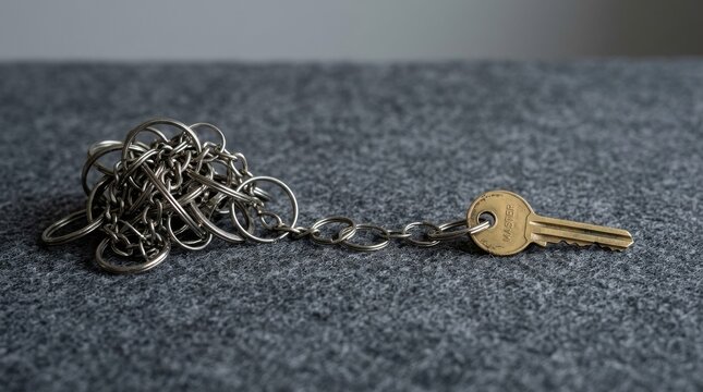 Minimalist studio photograph of a single brass key connected by a chain to a tangled pile of metal rings on a gray felt surface, representing concepts of problem solving and complex solutions.
