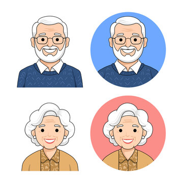 Senior elderly couple avatar vector illustration, grandfather and grandmother profile icons set