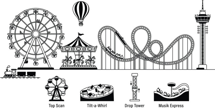 Amusement park attractions vector line icon set featuring ferris wheel carousel and rollercoaster isolated on white.