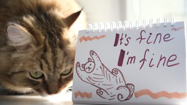 Cute cat sitting next to a notepad with the handwritten text &ldquo;It&rsquo;s fine, I&rsquo;m fine.&rdquo; The humorous, relatable quote adds a touch of lighthearted  gentle self-awareness,  uplifting and motivational vibe