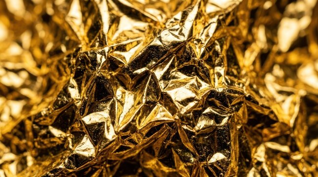 Close-up of crumpled metallic gold foil texture with reflective highlights
