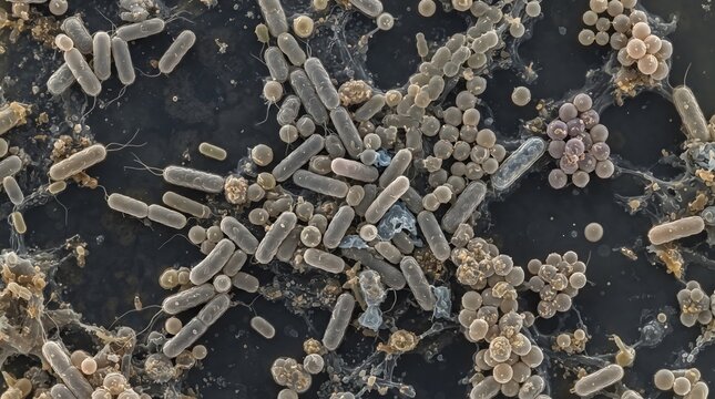 Microscopic view of rod and sphere shaped bacteria in a biofilm
