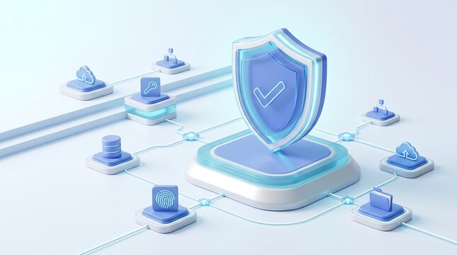 Isometric 3d render of digital data protection shield icon connected to cloud storage and fingerprint security modules representing secure cloud infrastructure and information management