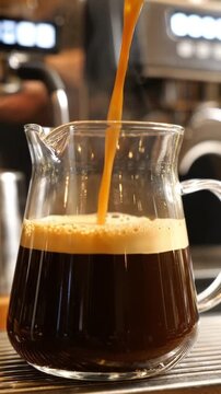 Dark hot espresso coffee pouring smoothly into a glass server pot in a single take
