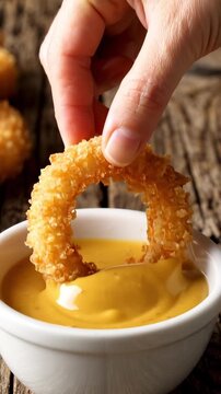 A hand dipping a crispy golden onion ring into a bowl of thick honey mustard sauce in a single take