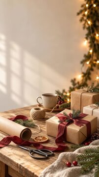 Christmas Gift Wrapping Corner with Warm Festive Lights