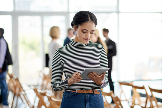 Business, woman and reading with tablet in office for research, editor feedback and proofreading. Journalist, digital and review for fact check, editing article and update draft of publication agency