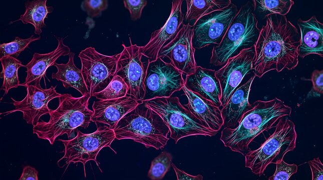 Fluorescent microscopy imaging of cellular nucleus and cytoskeleton
