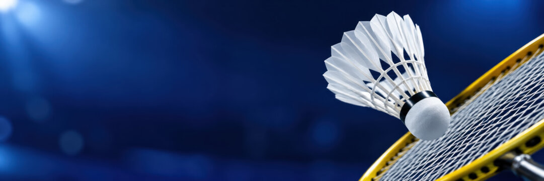 Badminton racket and white shuttlecock against a dark blue background, highlighting equipment for sport, training, and competition.