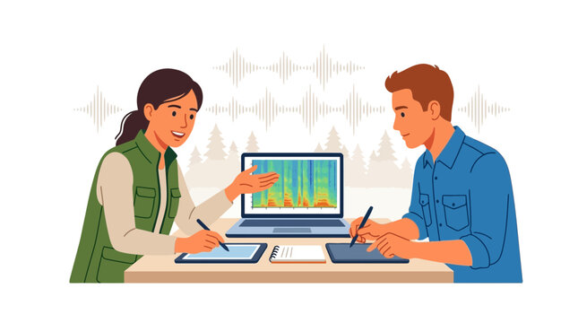 Collaboration on Audio Analysis: Scientists analyze sound waves on a laptop, discussing findings on digital tablets with stylus.