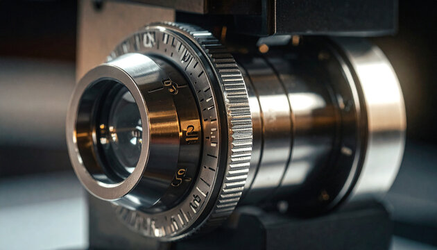 Close-up of a Vintage Camera Lens: A detailed, macro shot showcases the intricate mechanics and polished metal of a vintage camera lens.