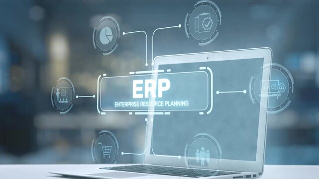 A robotic hand interacts with a laptop showcasing ERP software and various data analytics icons, symbolizing advanced technology in a modern business environment. Salient