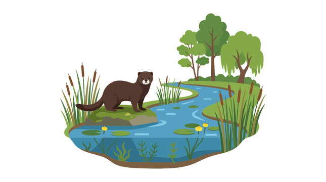 Flat vector illustration of a wild brown mink standing on a rock in a river ecosystem