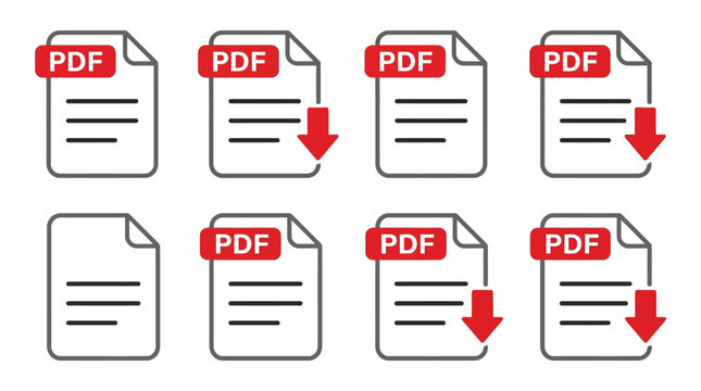 PDF document file download vector icons set with red labels and white text