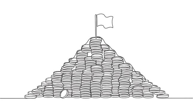 Financial Success Money Mountain One Line Drawing Achievement Flag Concept Vector Art