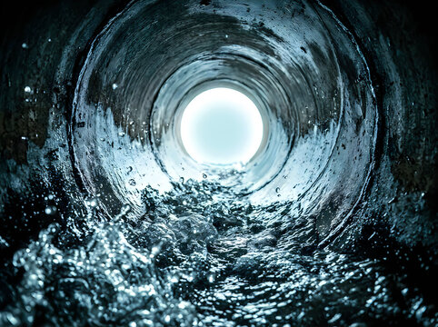 View from inside a dark industrial pipe with rushing water flowing towards a bright light at the end