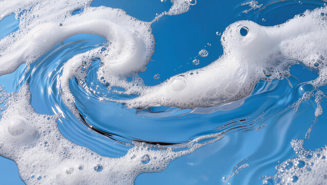 White soap foam swirl on blue water surface, cleaning suds and fresh hygiene concept with copy space for text