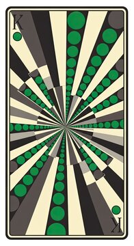 King playing card with a modern abstract green and grey geometric sunburst design