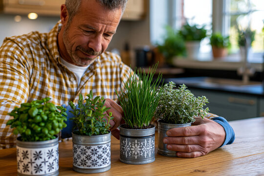 Eco-conscious crafter creating decorative planters from reclaimed metal containers filled with fresh herbs, bright kitchen workspace, natural sunlight