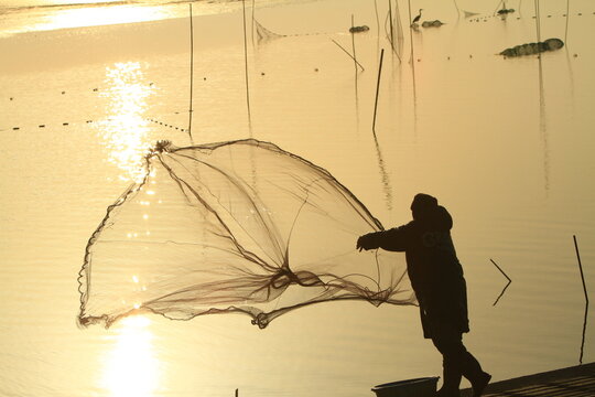 A silhouetted person throws a cast net over calm water in warm golden light, with fishing stakes and a small bird in the distance.