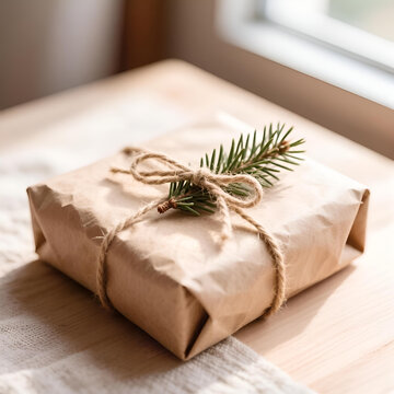 Christmas gift box wrapped in eco-friendly craft paper with jute twine bow and a small fir branch. Winter holidays sustainable package and delivery concept.