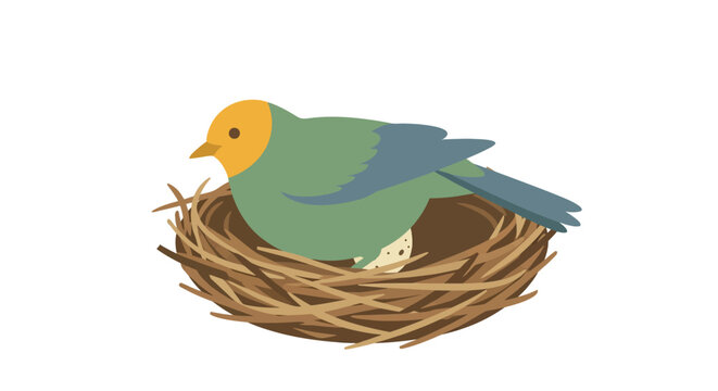 Bird nestled in a woven nest flat vector illustration