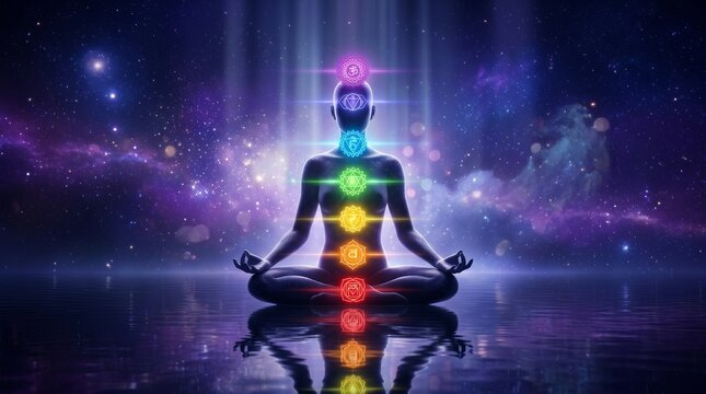 A person in a yoga pose with seven chakra energy points aligned against a universe backdrop.