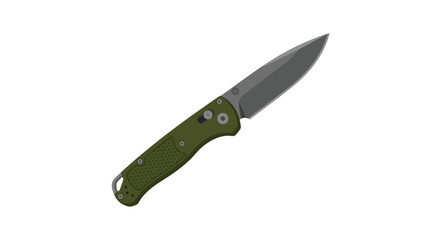 Obraz premium Foldable pocket knife with a green handle and metallic blade on a white background