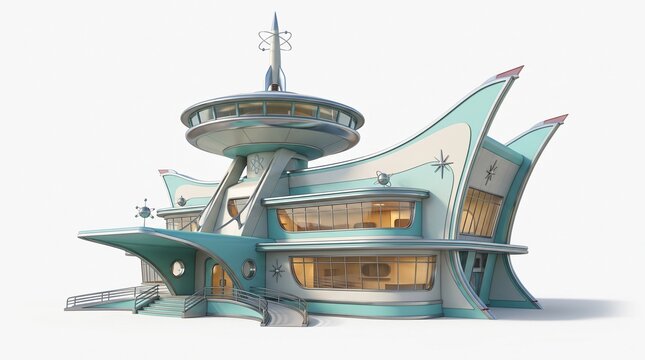 Futuristic retro googie architectural building model with observation tower isolated on white background