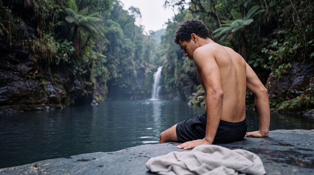 Sitting on rock ledge above jungle waterfall pool
