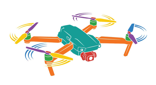 Colorful vector illustration of a quadcopter drone with rotating propellers