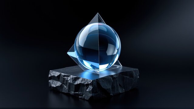Glass sphere rests atop pyramid, both on dark stone base. Dramatic lighting creates reflections, shadows. Minimalist composition, modern aesthetic.