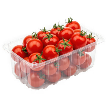 Fresh red cherry tomatoes in clear plastic container isolated cutout