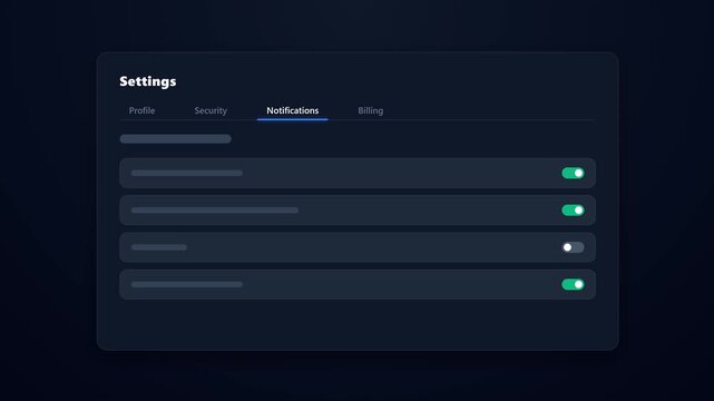 Animasi navigasi tab pengaturan (Profile, Security, Notifications, Billing) dengan efek garis bawah yang bergeser mulus (smooth underline slide). Dile.