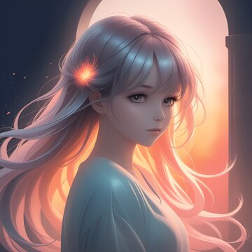 Elegant anime woman with silver hair and radiant aura, perfect for fantasy art and enchanting digital designs, bringing ethereal beauty to any project