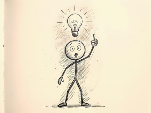 Excited stick figure pointing up at glowing lightbulb having bright creative idea.