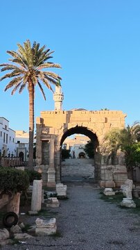 Arch of Marcus Aurelius at golden hour in Tripoli's old city, Libya