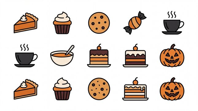 Autumn desserts and bakery solid icon set containing icons for pie cupcake cookie candy coffee cup soup bowl layer cake and jack o lantern for Thanksgiving and Halloween festival projects