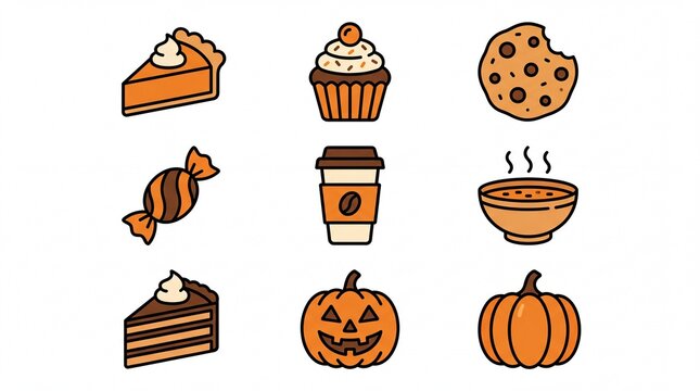 Bakery and Cafe solid icon set containing icons for Pumpkin Pie Cupcake Cookie Candy Coffee Cup Soup Bowl Chocolate Cake Jack O Lantern and Pumpkin for autumn food projects