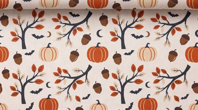 Halloween seamless pattern and textile print. Featuring orange pumpkins brown acorns bare autumn tree branches flying bats and crescent moons. Fabric texture background for seasonal project