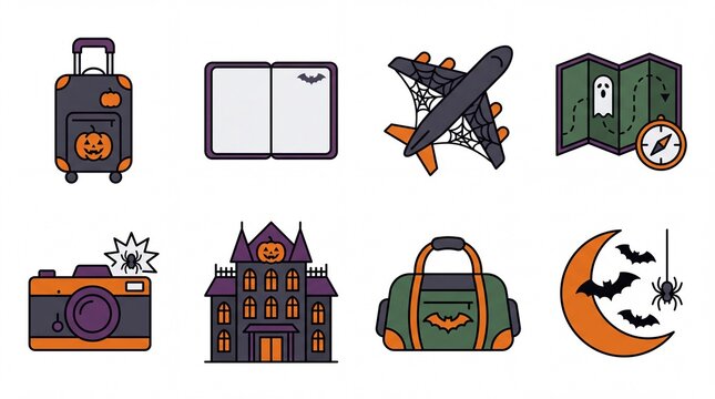 Halloween travel and spooky vacation solid icon set containing icons for Suitcase Open Book Airplane Map Compass Camera Haunted House Duffel Bag Moon Bats and Spider for holiday projects
