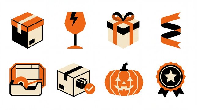 Shipping and delivery solid icon set containing icons for cardboard box fragile glass gift present ribbon tape dispenser cargo tracking halloween pumpkin and award badge for logistics