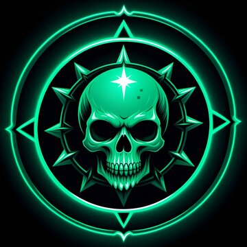 Eerie green skull emblem with starburst, perfect for Halloween designs or edgy brand logos that need a touch of dark fantasy and mystical vibes