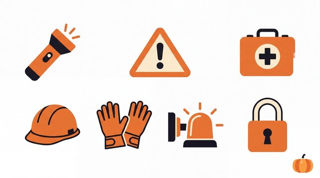 Emergency response and workplace safety solid icon set containing flashlight warning sign first aid kit hard hat protective gloves alarm siren and padlock icons for corporate safety projects