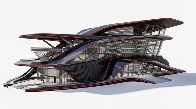 Futuristic carbon fiber architecture design concept with sleek black and red layered structures on white background