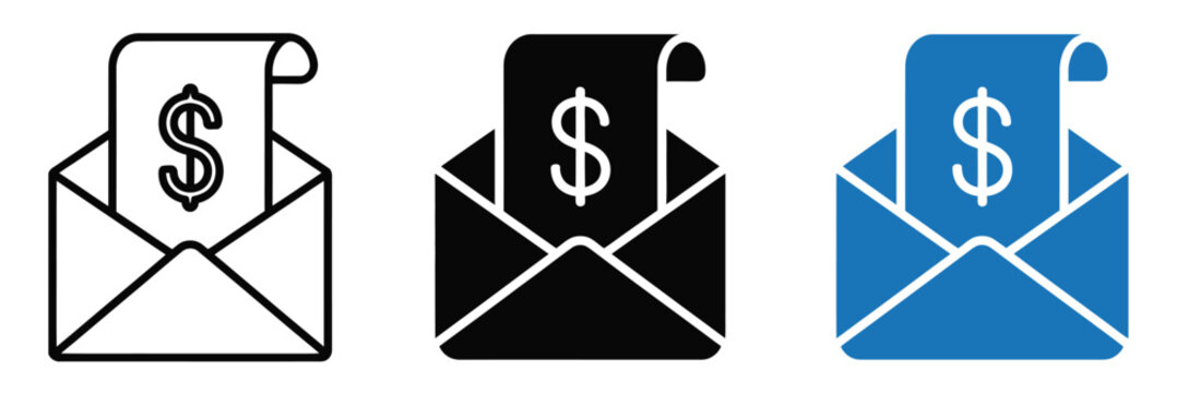 Email money icons symbolizing electronic transactions, payment notifications, online banking, monetary transfers, financial communication, and digital commerce