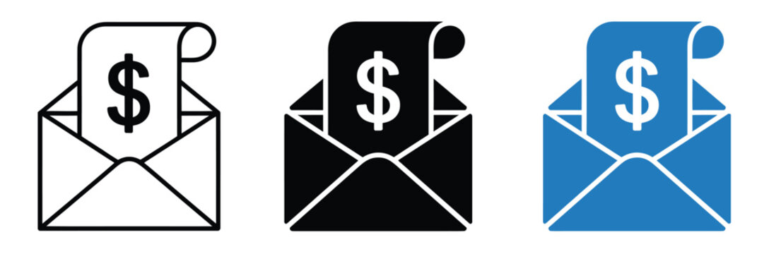 Email money icons featuring currency documents inside envelopes for electronic transactions, payment notifications, online banking, and finance