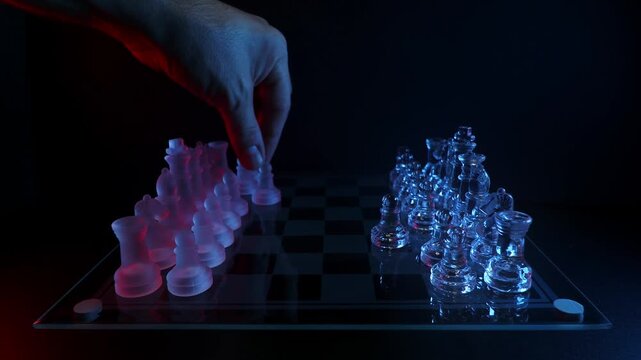 Cinematic glass chessboard match with red and blue lighting showcasing modern strategy