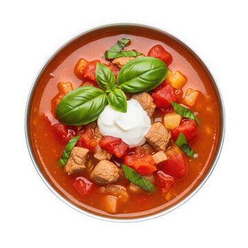 Delicious hearty vegetable beef soup with sour cream isolated