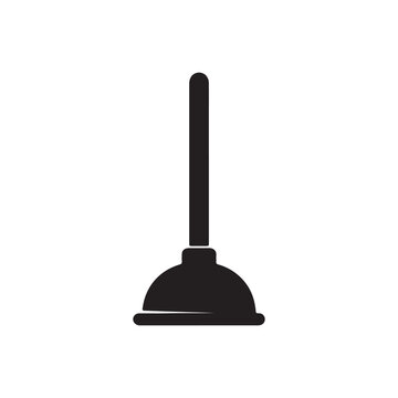 Toilet plunger with long handle standing upright, solid black silhouette vector illustration
